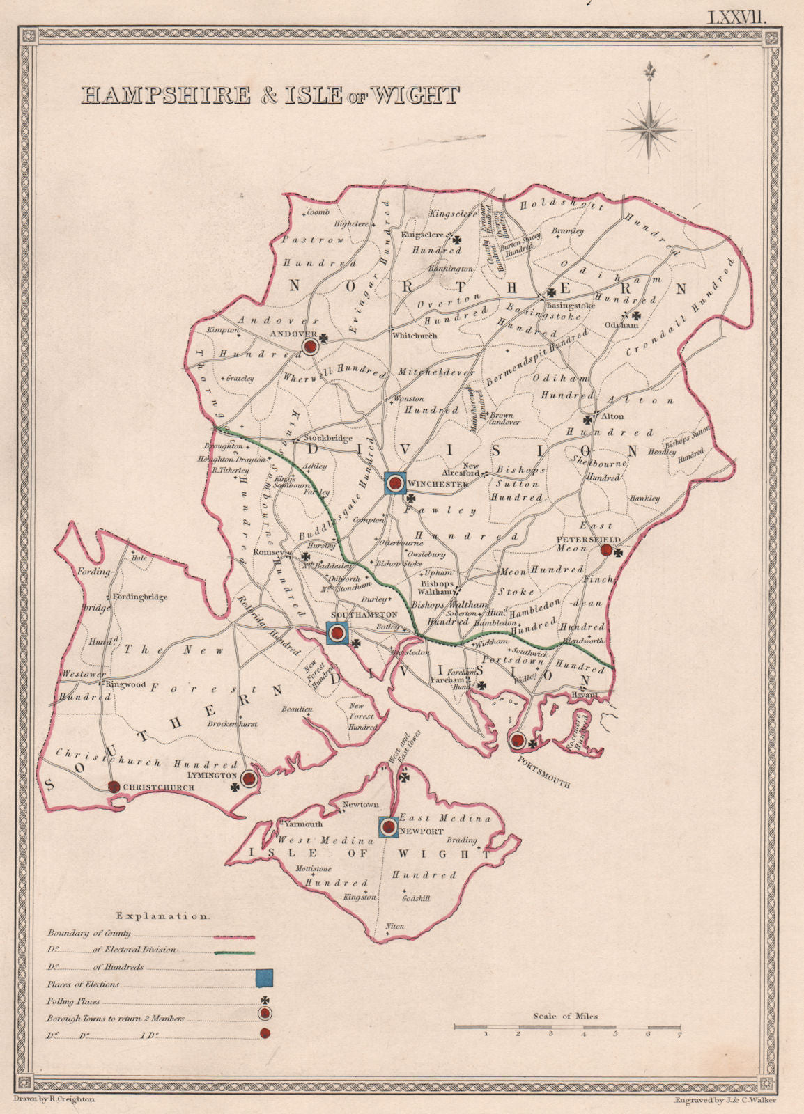 HAMPSHIRE & ISLE OF WIGHT antique county map by CREIGHTON/WALKER. Electoral 1835